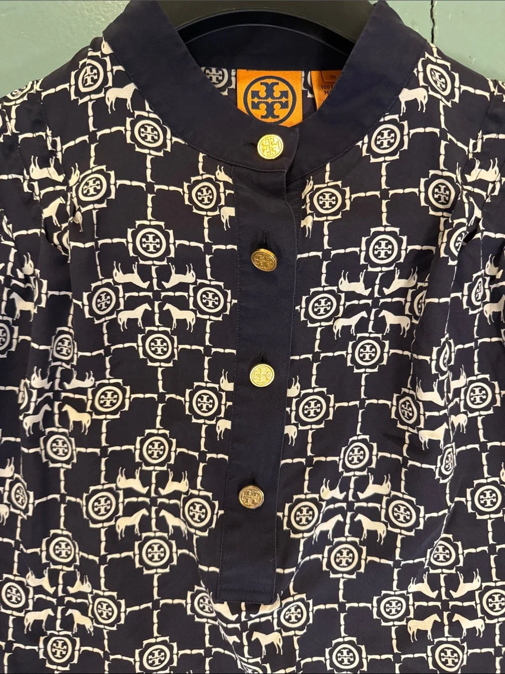 Tory Burch Navy & White Logo-Pattern silk top with Gold Buttons size 10 - Picture 2 of 8